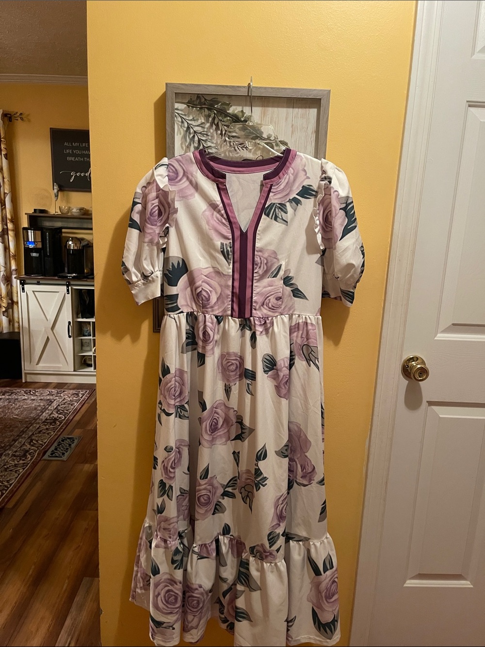 Cream Midi Dress with Lavender Rose Print and Plum Trim Large